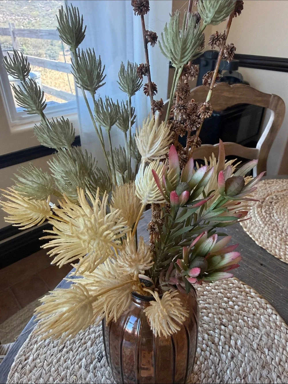 Floral Decor with Amber colored Vase Boho Farmhouse Hacienda